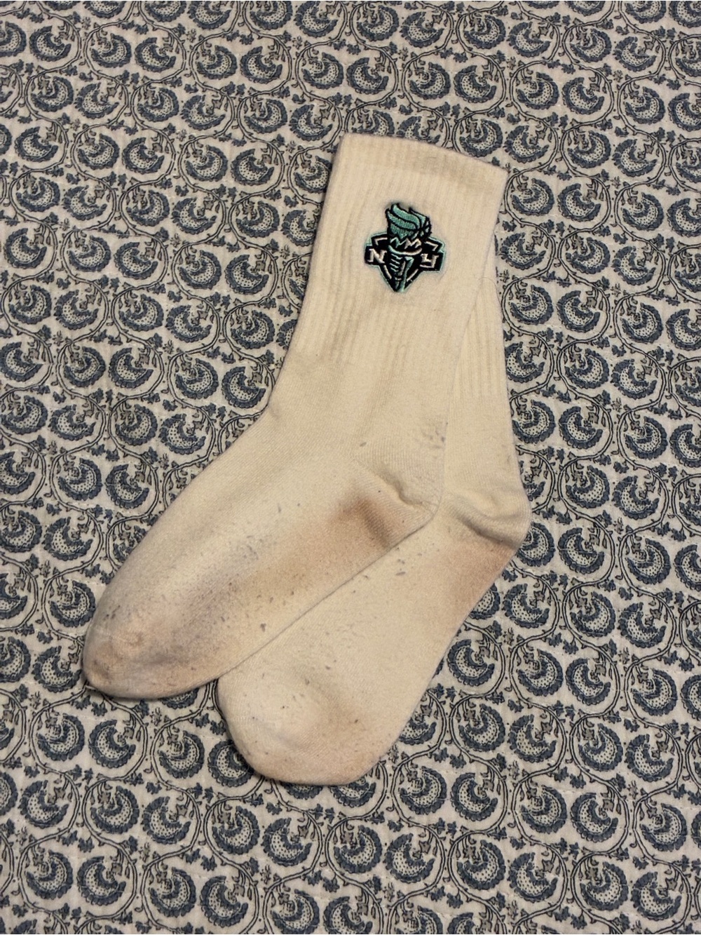 NYON x Liberty Cream Crew Socks with Teal Embroidered Shield Logo